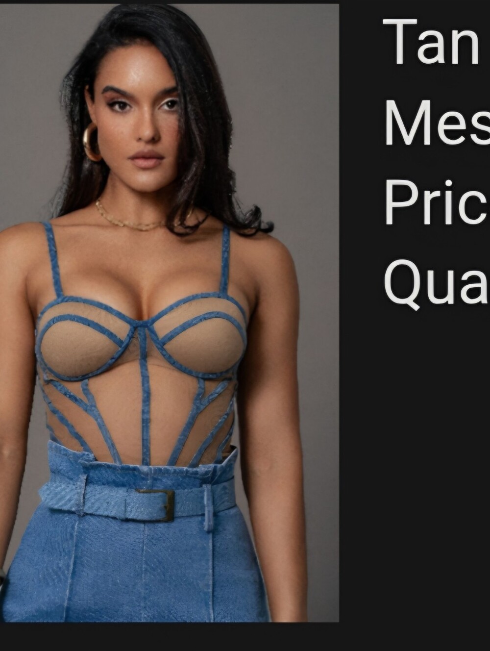 Tan Denim Illusion Mesh Corset-Style Sheer Top